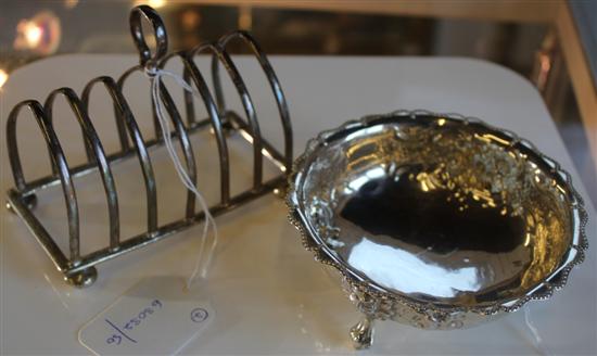 Victorian silver embossed silver bowl & a silver toast rack